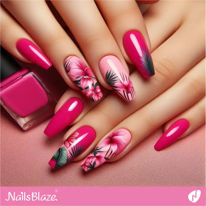 Tropical Nails with Fuchsia Flowers | Hawaii Nails - NB4051
